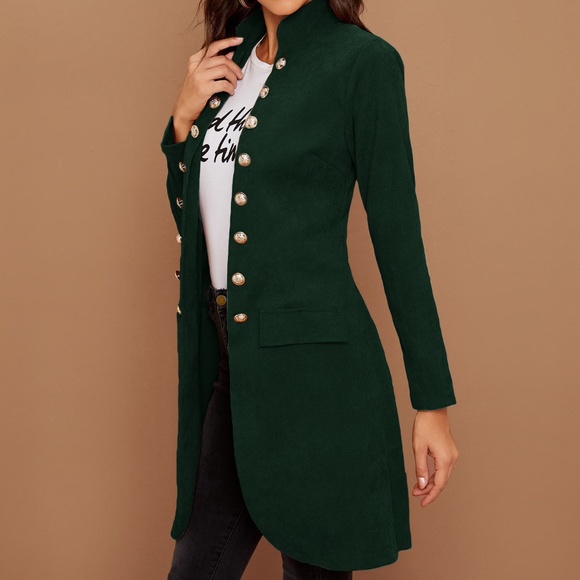 Dark Green Button Detail Open Front Corduroy Jacket Shacket - Picture 15 of 16